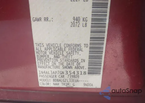 2016 Nissan Altima 2.5/2.5 S/2.5 Sl/2.5 Sr/2.5 Sv z USA, uszkodzony, nr VIN 1N4AL3AP7GN354318